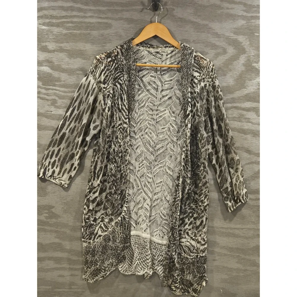 Alberto Makali Linen Blend Animal Print Pointelle Knit Open Cardigan XL Neutral